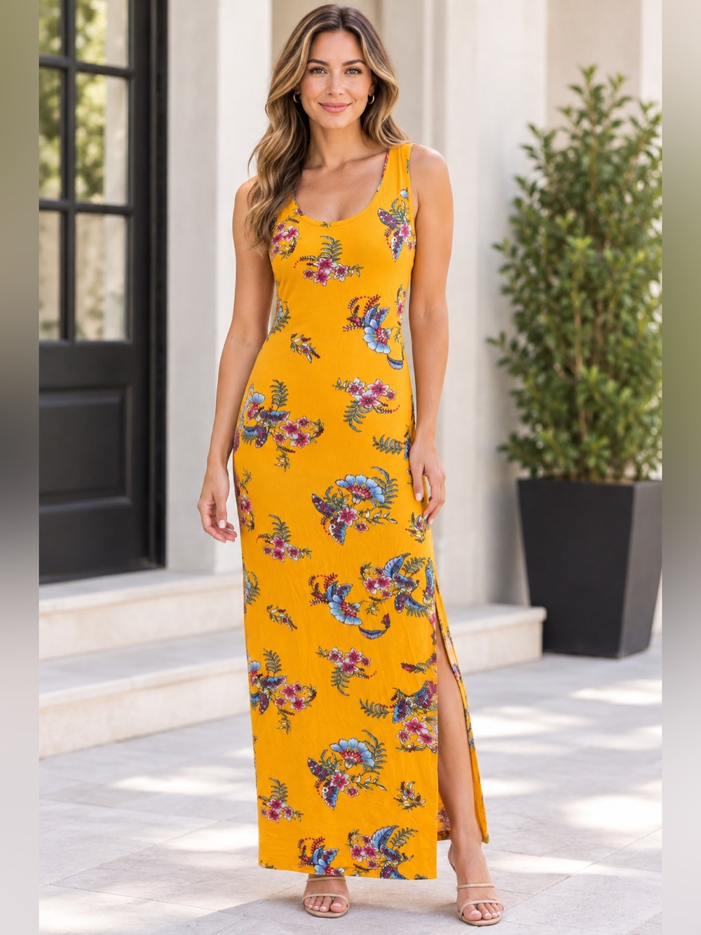 Pink Rose Mustard Floral Scoop-Neck Maxi with Side Slit